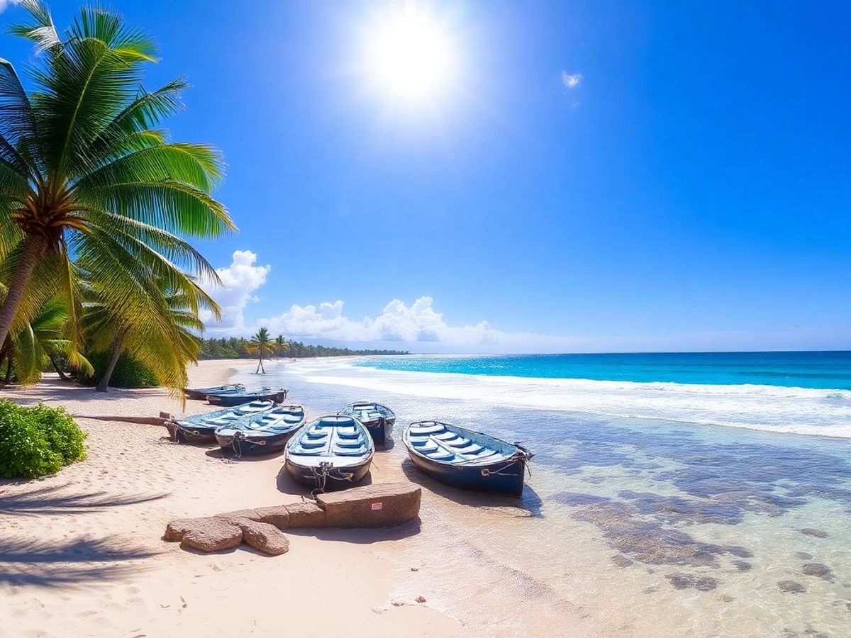 Praia tropical com águas cristalinas e palmeiras.