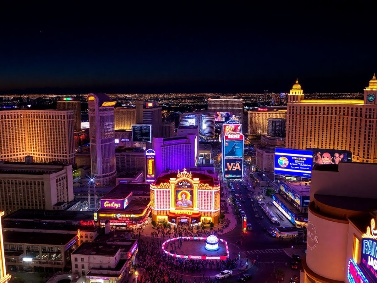 Vista noturna da Strip de Las Vegas iluminada.