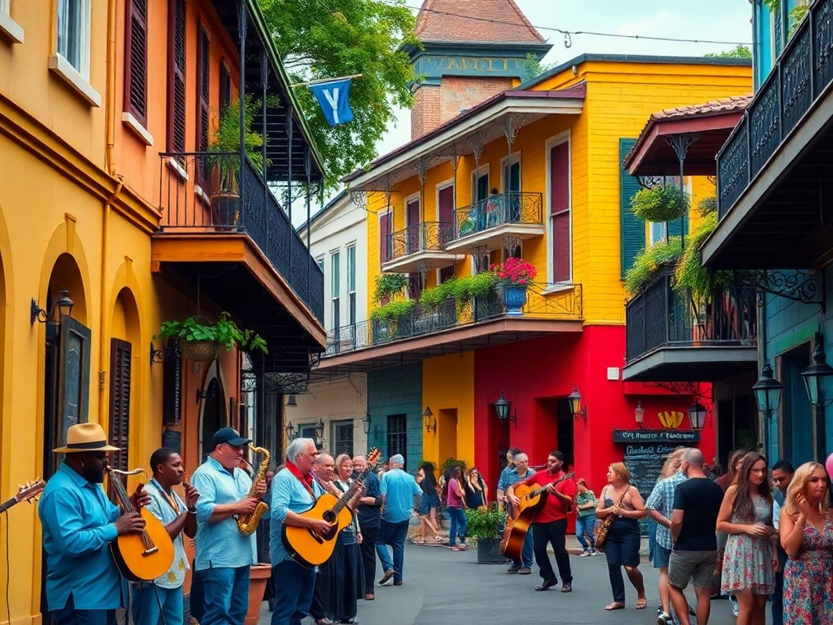 Cena vibrante de rua em Nova Orleans com músicos.