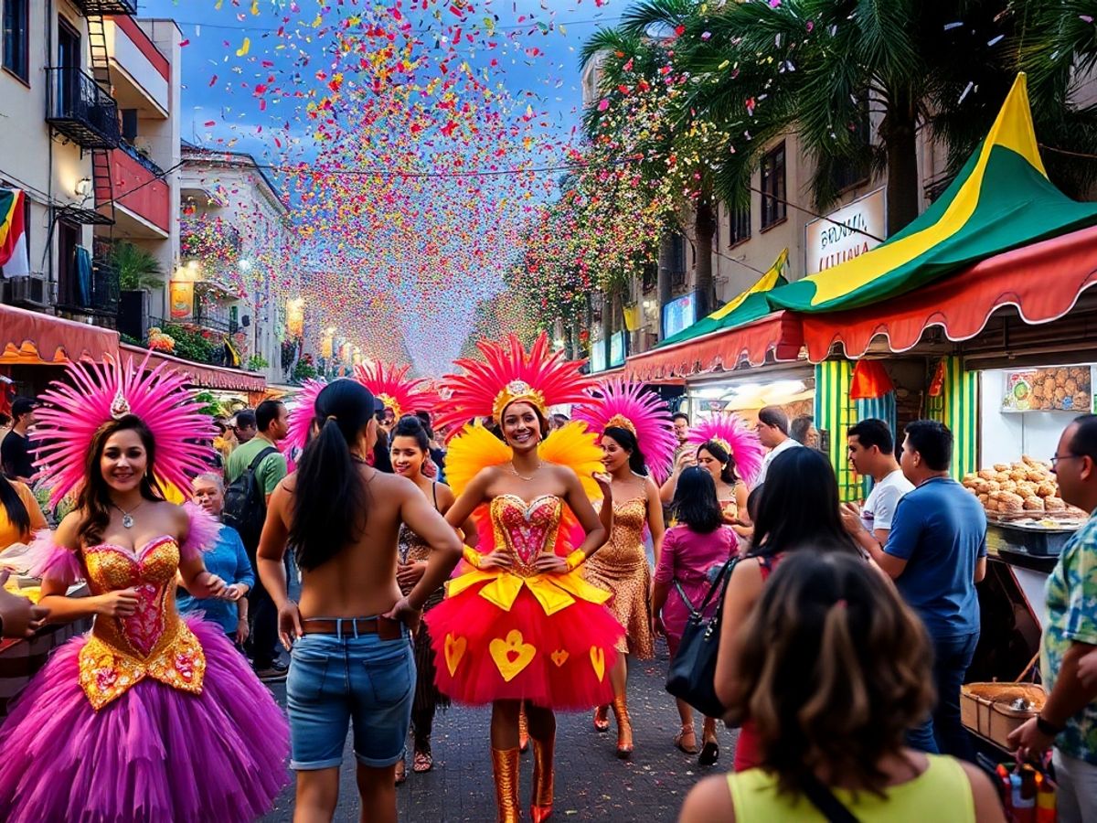 Dançarinos coloridos e pratos tradicionais no Carnaval.