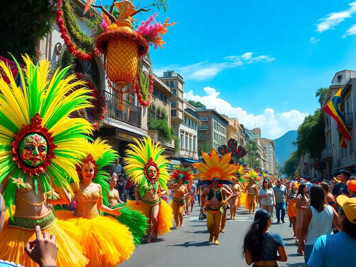 Dançarinos em trajes coloridos durante o Carnaval no Rio.