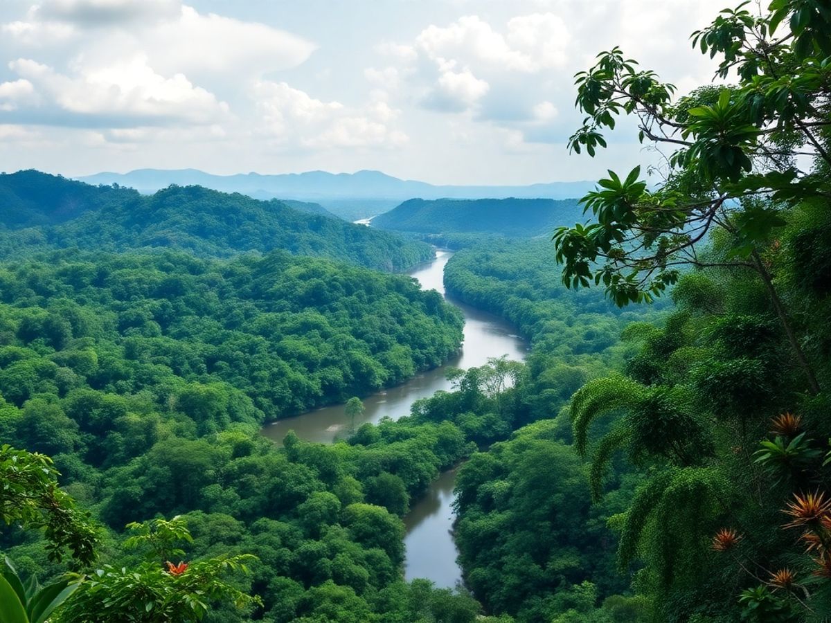 Floresta amazônica com vegetação exuberante e rio sereno.