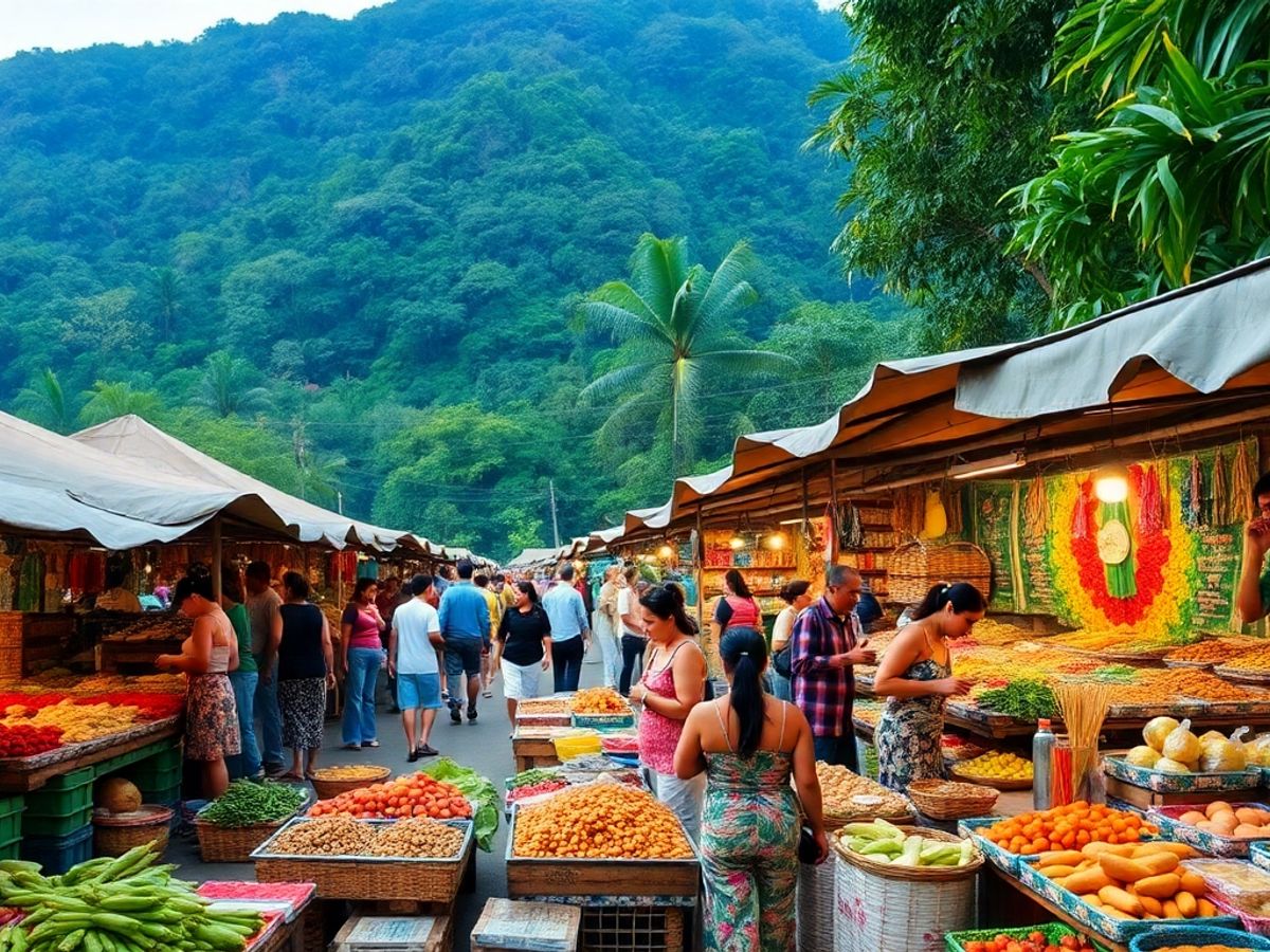 Cena do mercado em Manaus com alimentos e artesanato.