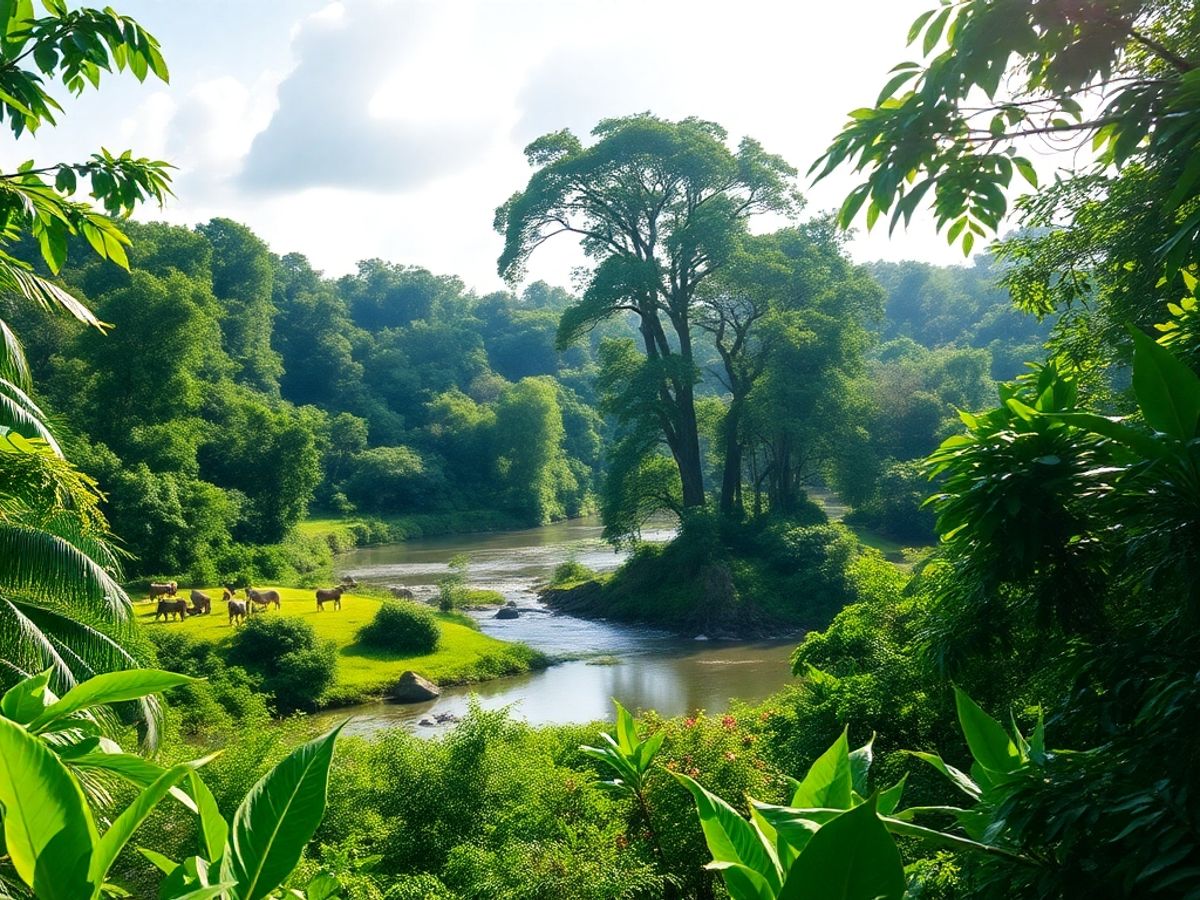 Floresta Amazônica exuberante com árvores e rio.