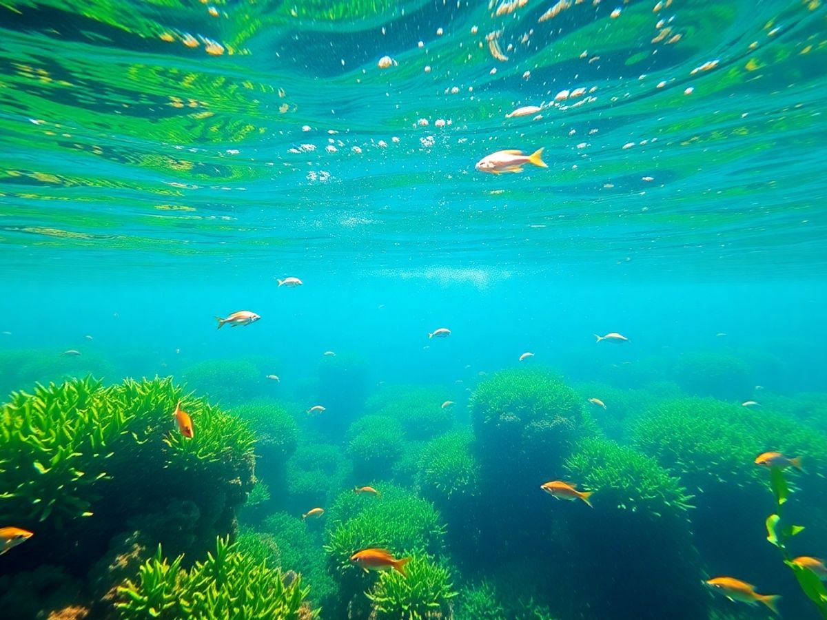 Cenário subaquático em Bonito, Brasil, com peixes coloridos.