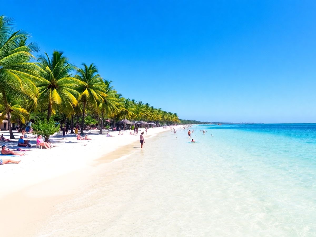 Praia de Morro de São Paulo com turistas e palmeiras.