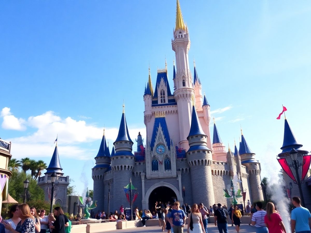 Imagem mágica da Disney com castelos e famílias felizes.