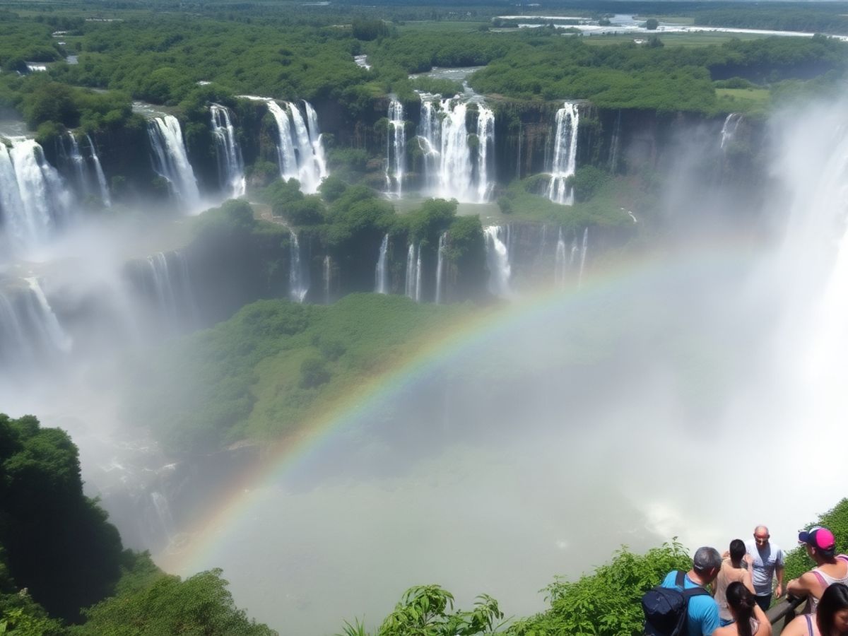 Cataratas do Iguaçu com arco-íris e natureza exuberante.