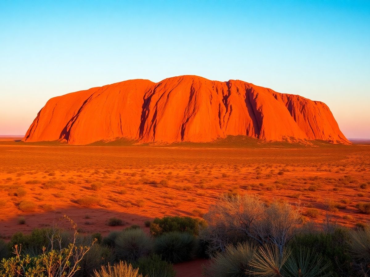 Uluru em um deserto vermelho ao pôr do sol.