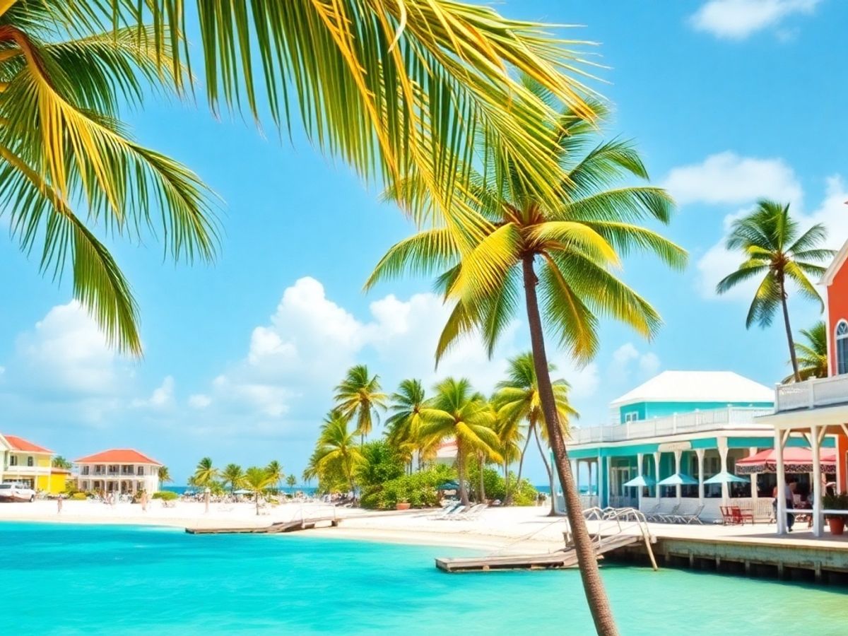 Vista das águas turquesa e praias de Nassau.