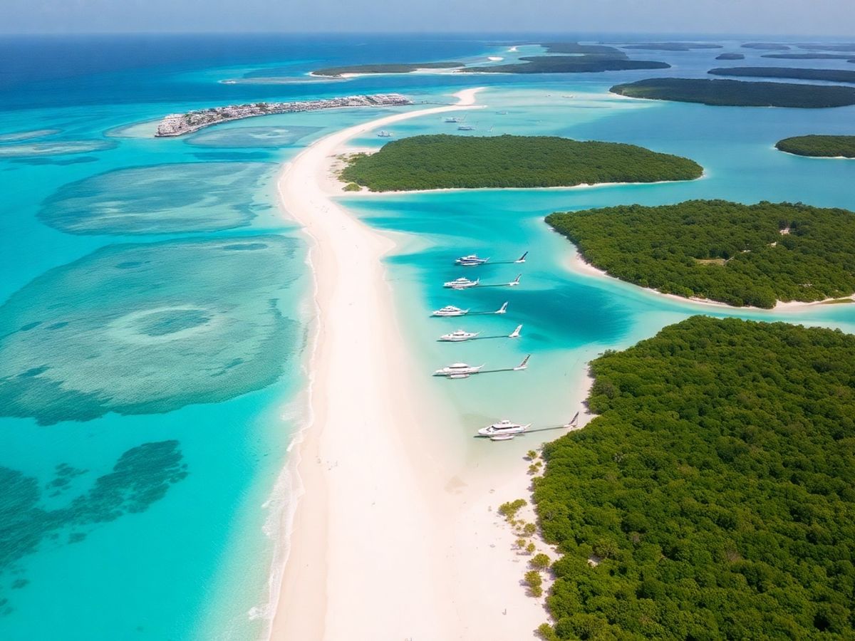 Vista aérea das ilhas Bahamas com água azul e areia branca.