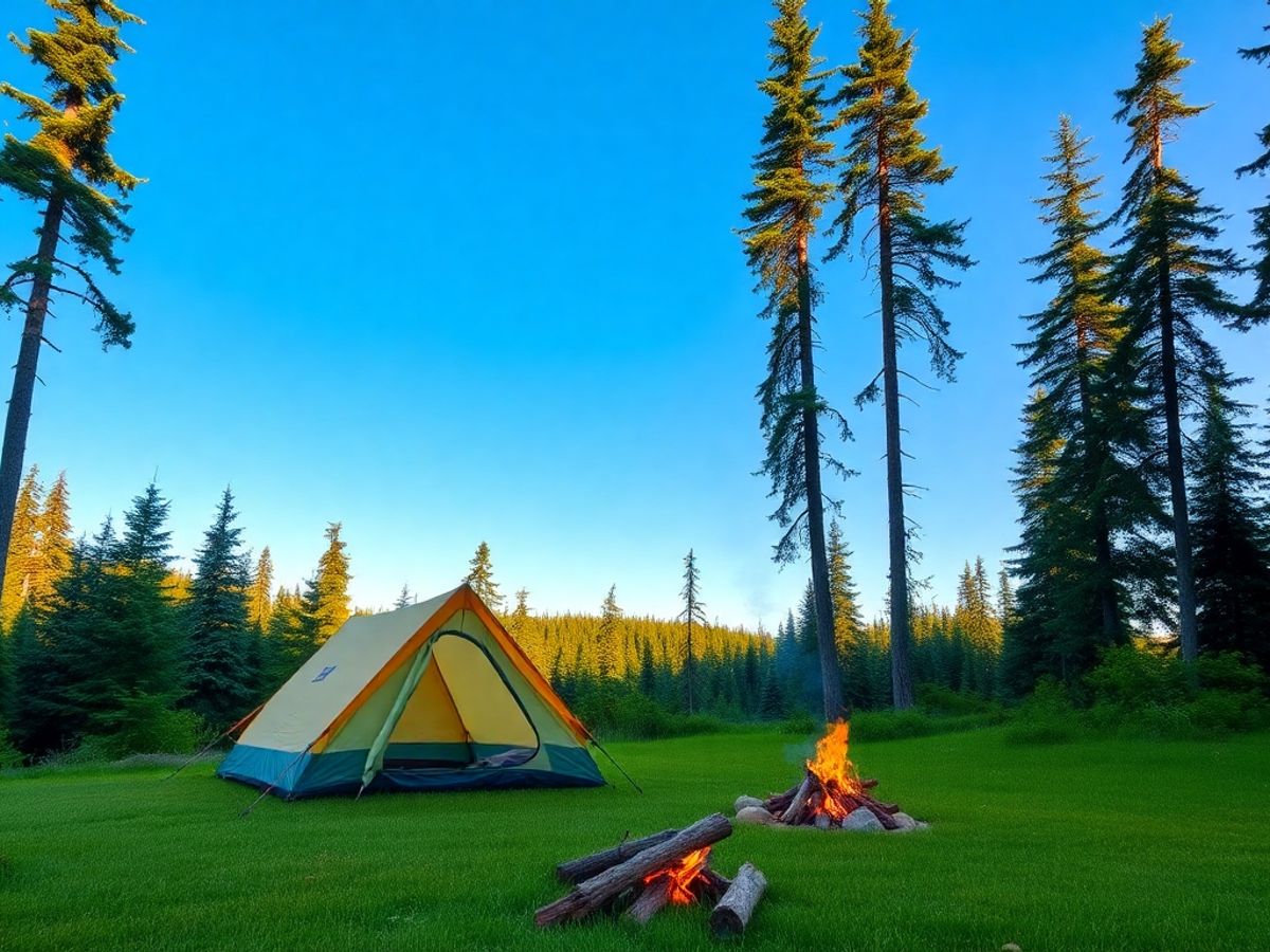 Imagem de um acampamento em uma floresta verdejante.