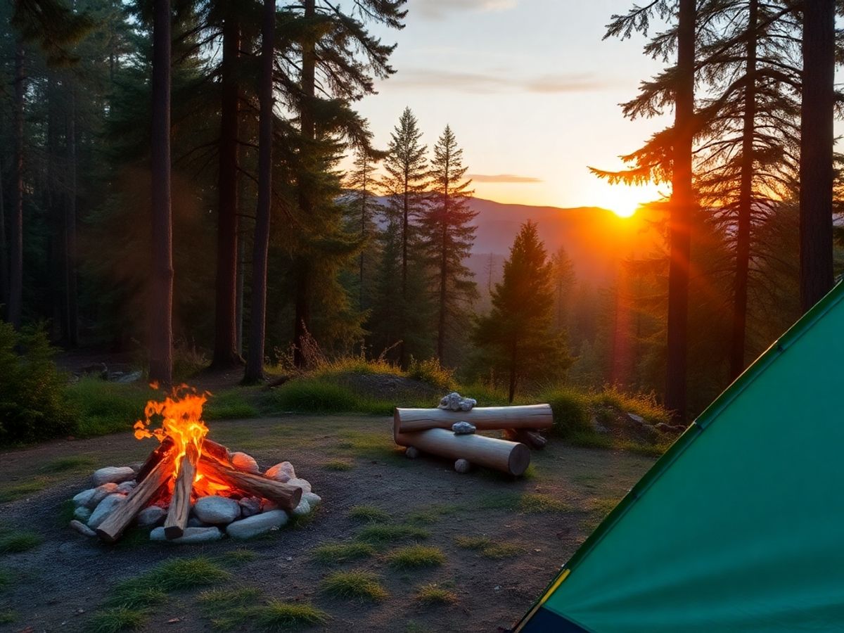 Cenário de acampamento em floresta com tenda e fogueira.