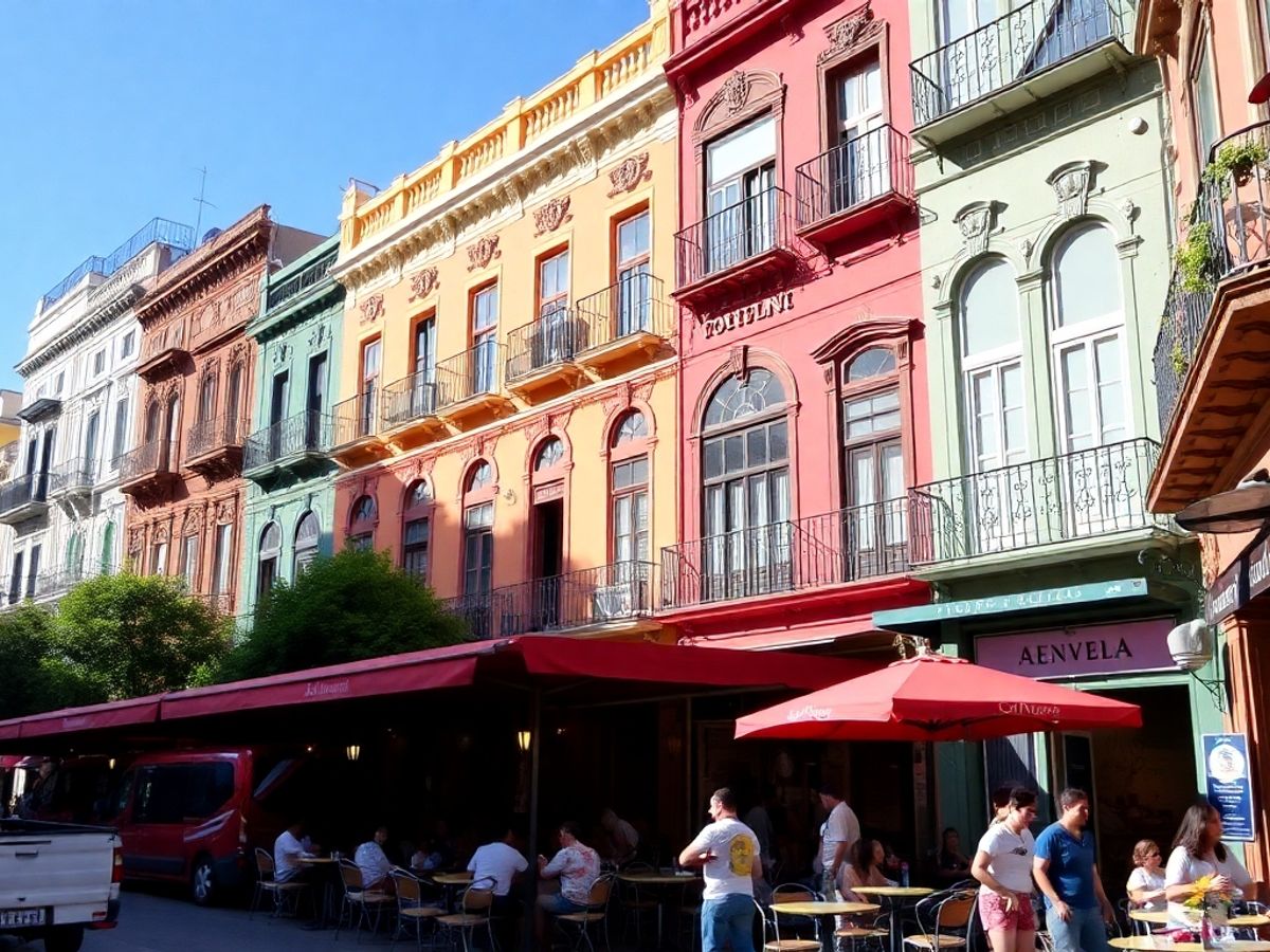 Cena vibrante de Buenos Aires com edifícios coloridos.