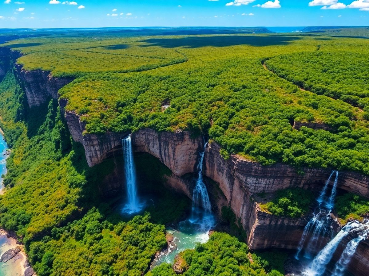 Vista aérea da Chapada dos Veadeiros com cachoeiras.