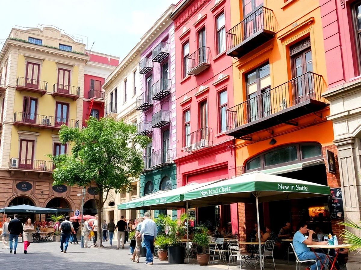 Cenas vibrantes de Buenos Aires com edifícios coloridos.