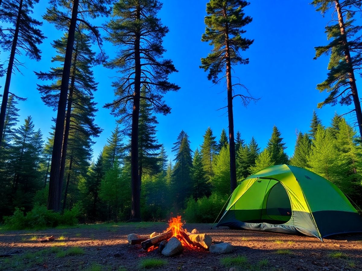 Imagem de camping com barraca e fogueira na floresta.