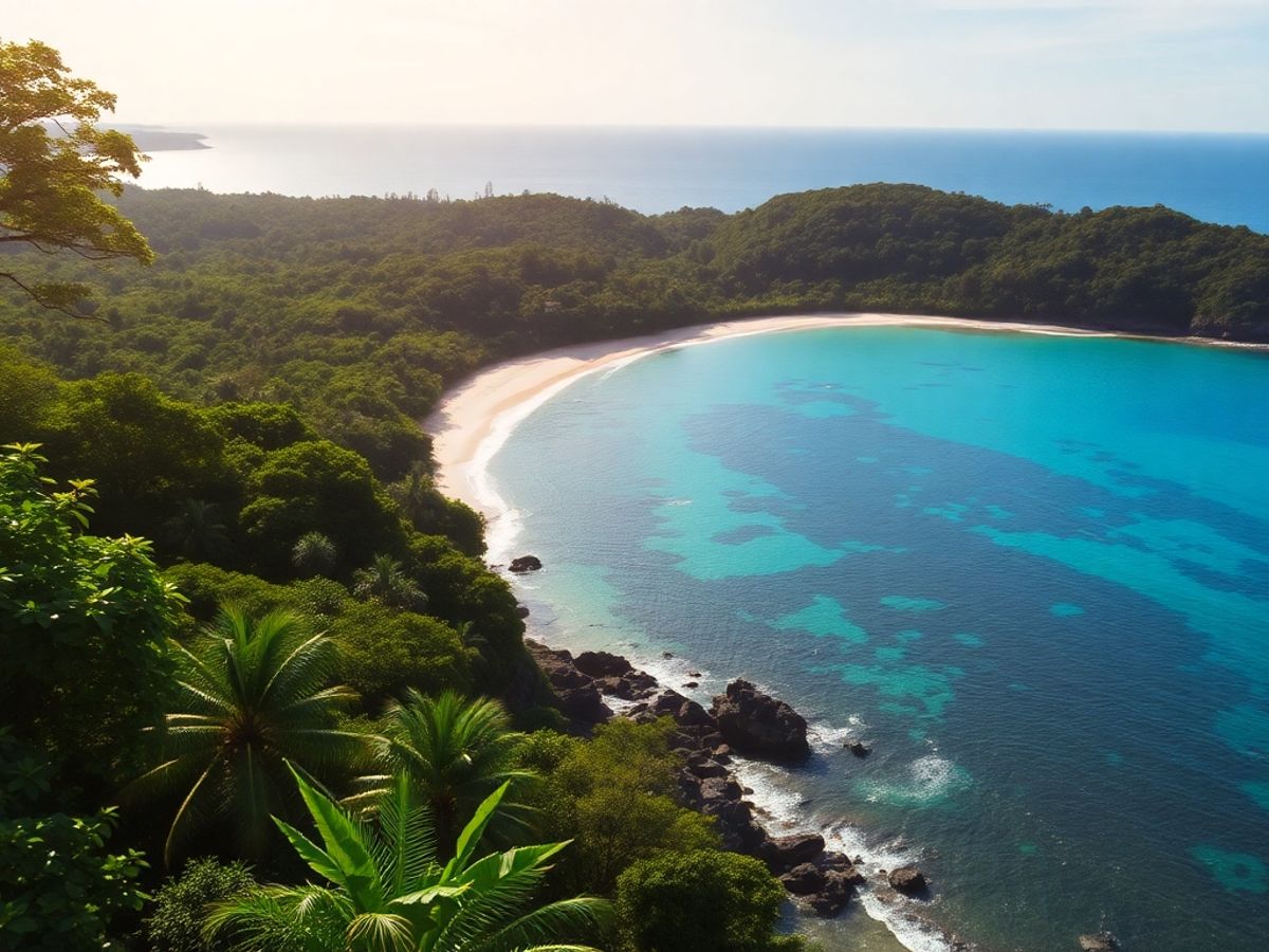 Vista de Caraíva com praia e vegetação tropical.