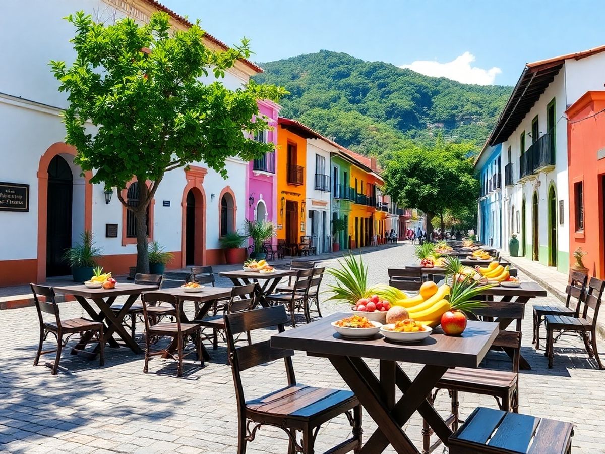 Ruínas coloniais e mesa com pratos típicos em Paraty.