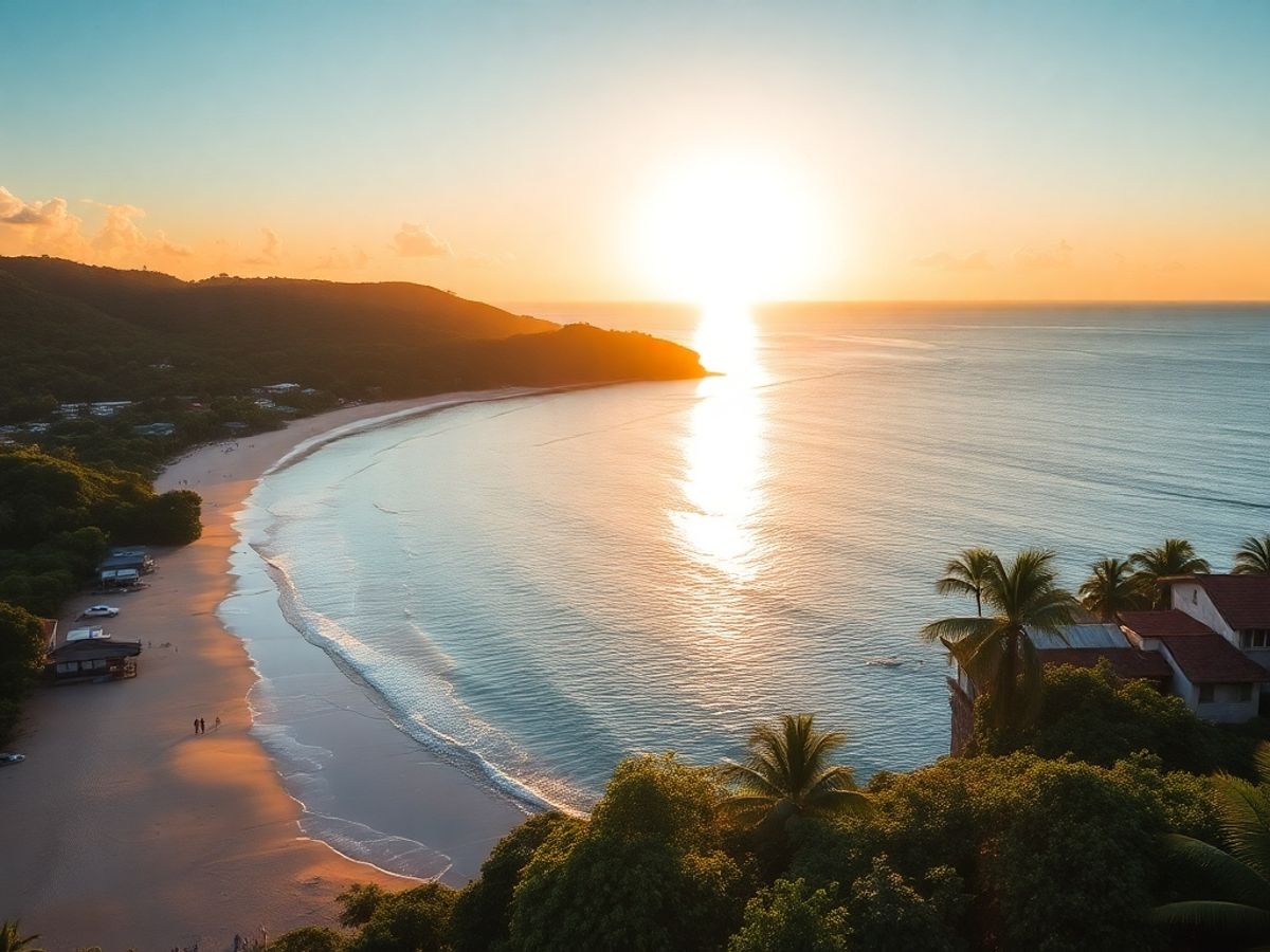 Praia de Caraíva com céu ao entardecer.