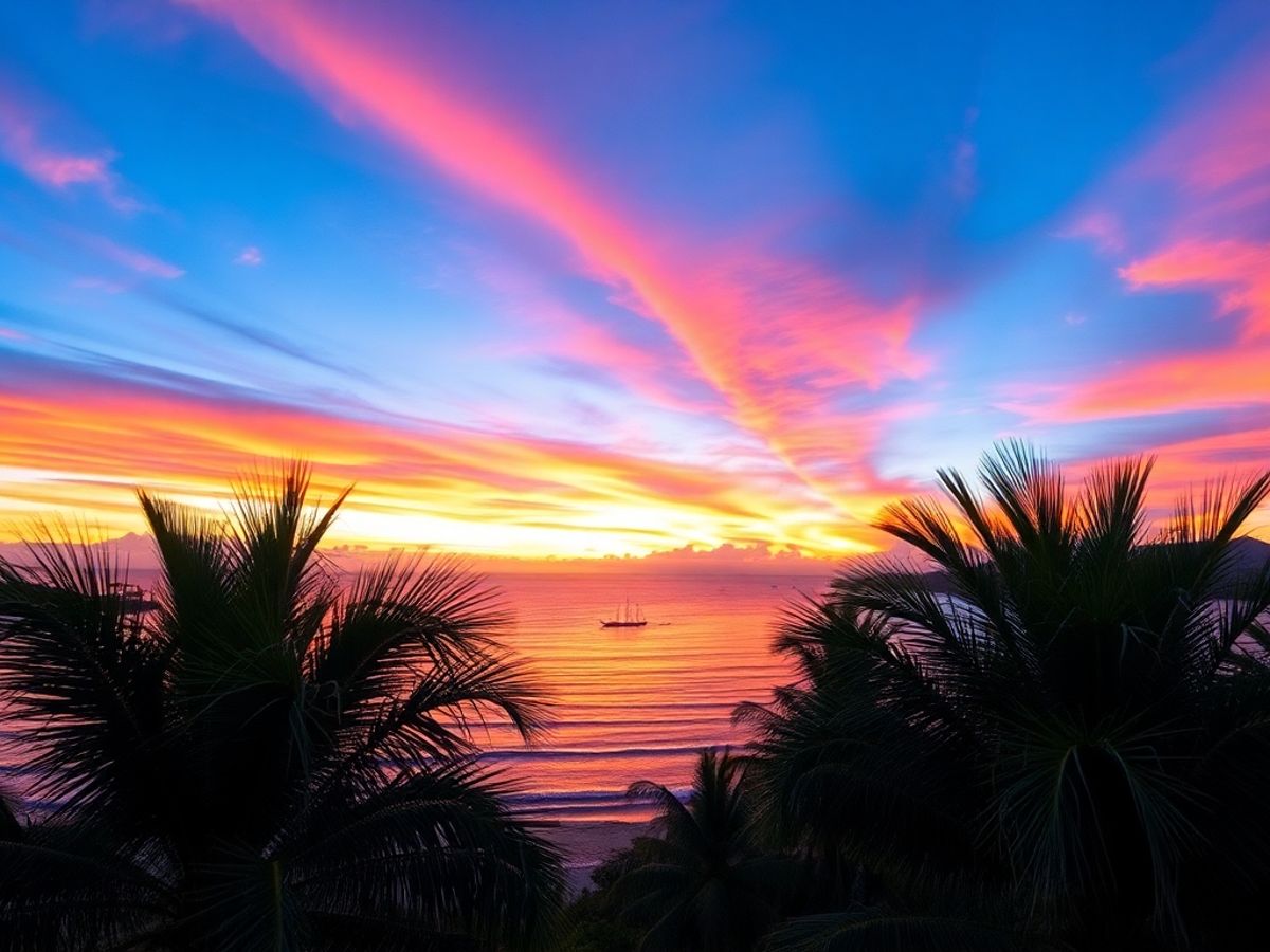 Pôr do sol vibrante em Florianópolis com palmeiras.