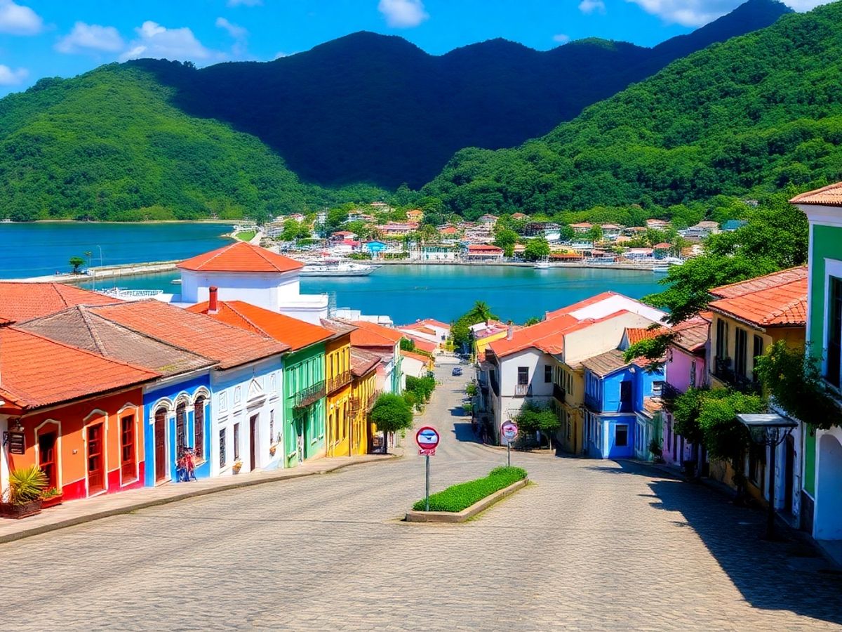 Vista de Paraty com ruas de pedras e águas claras.